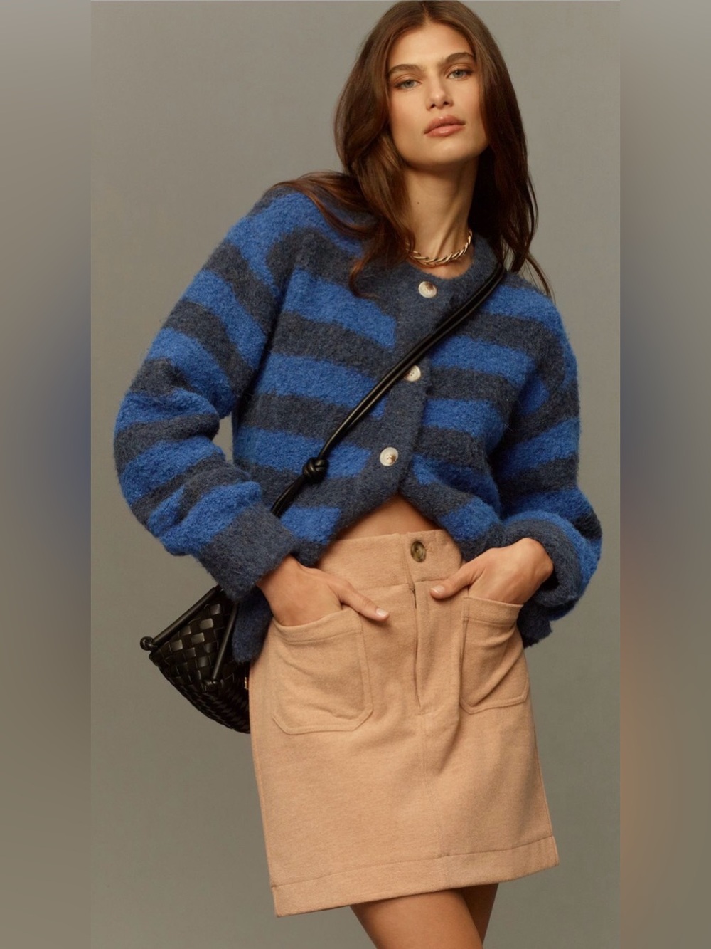 FRNCH Crew-Neck Stripe Bouclé Cardigan S